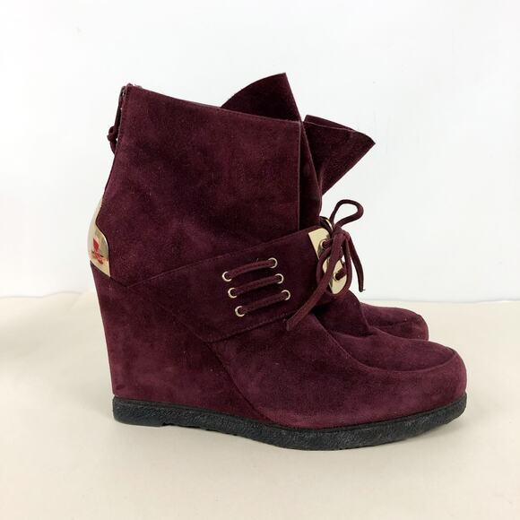 Stuart Weitzman Womens Boots Size 37 Maroon Suede Lace-Up Wedge Heel Booties - Picture 1 of 13